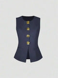 Fashionable Little Fragrance Style Women's Sleeveless round Neck Vest Waist-Cinching Pure Color Cross-Border Women's Jacket