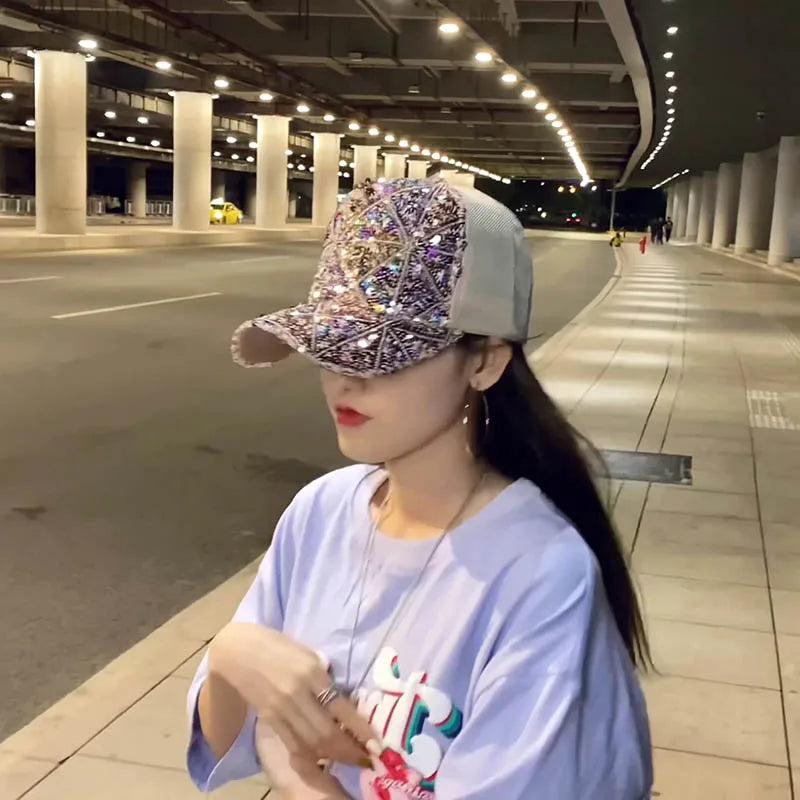 Shiny Sequins Baseball Hat For Women Summer Mesh Duck Tongue Cap Cool Breathable Outdoor Sunshade Visors Fashion Girl Peaked Cap