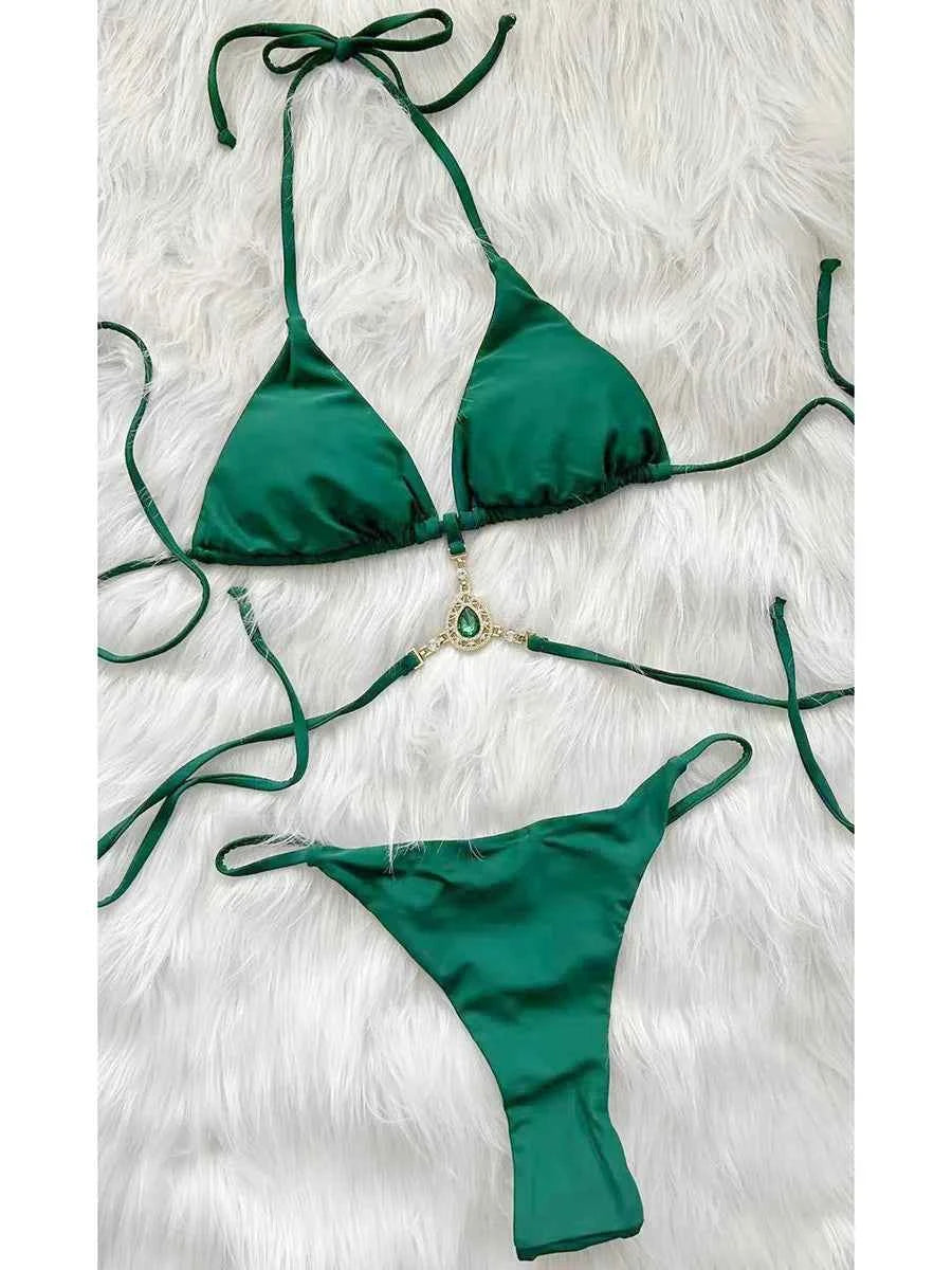 Extreme Mini Micro String Diamond Bikini Women Thong Swimwear Female Swimsuit Two Pieces Bikini Set Halter Bathing Suit Swim