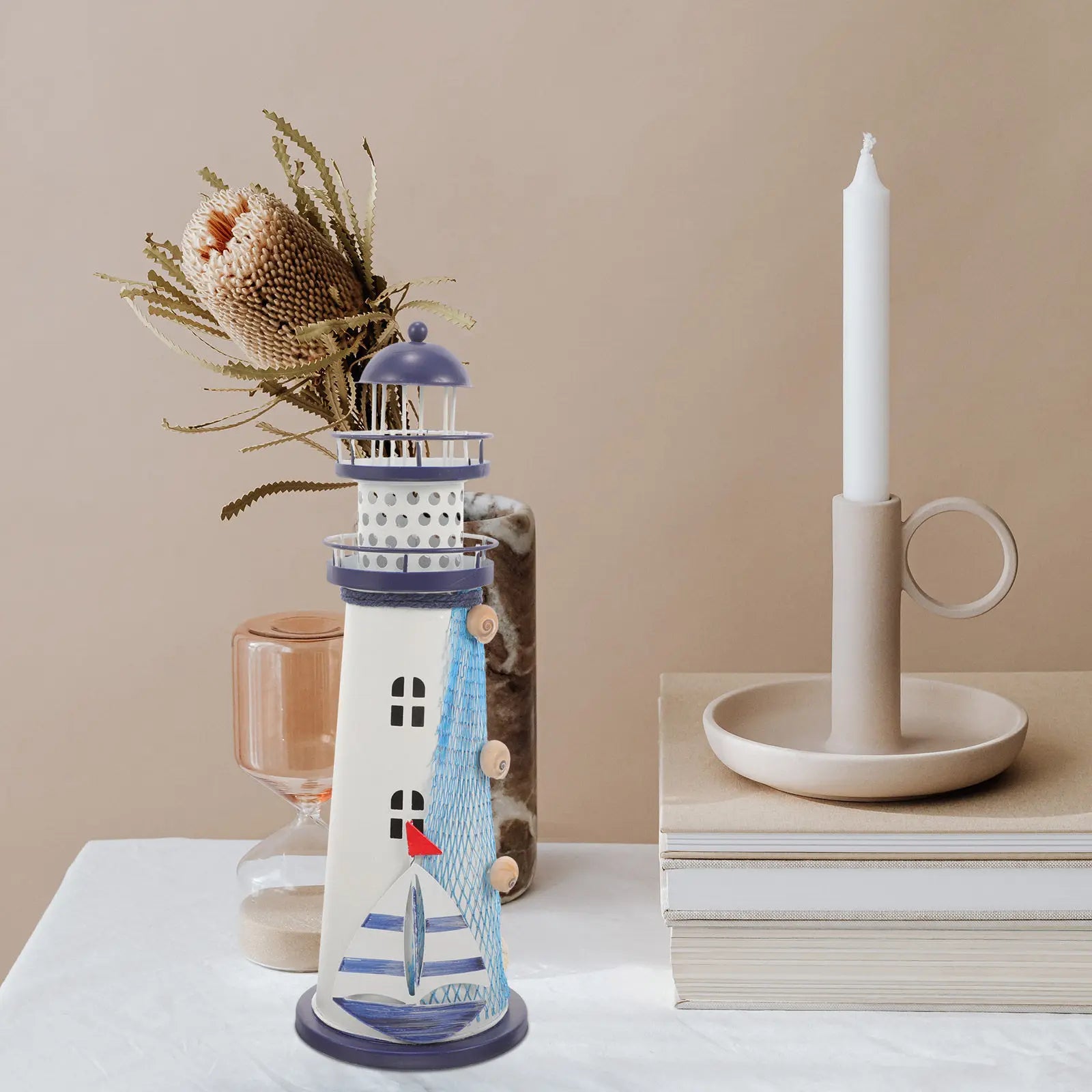 Iron Lighthouse Lamp Decor Mediterranean Style Nautical Decoration for Home Living Room Bedroom Desk Table Accent Light