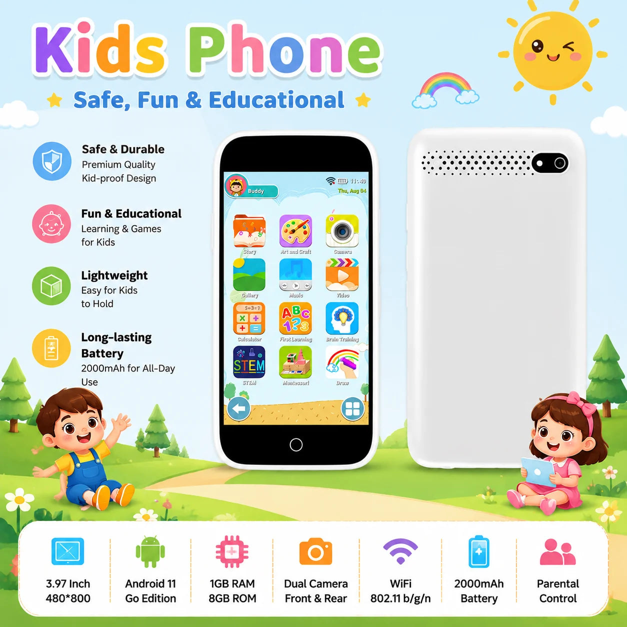 Kids Toys Smart Phone With 3.97" Touchscreen Dual Cameras 220+ Games Toddler Cell Phones Learning Toys for Children Festive Gift
