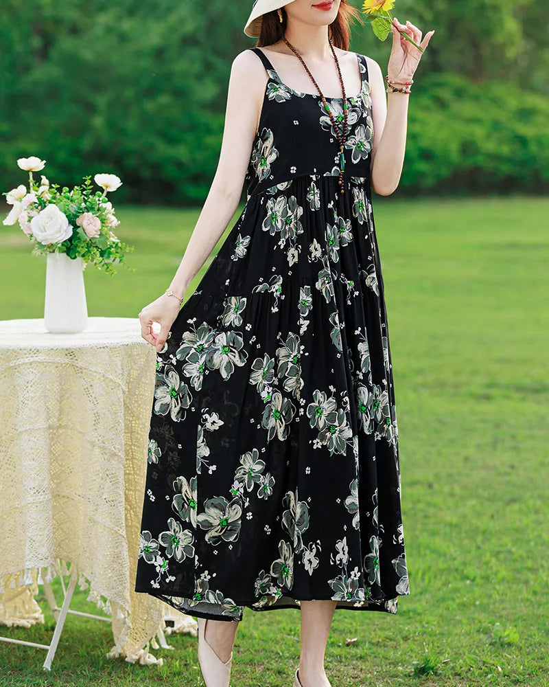 New Fashion Casual 2025 Summer Elegant Dresses For Women O-Neck Print Vintage Sleeveless Dress Loose Women Clothing