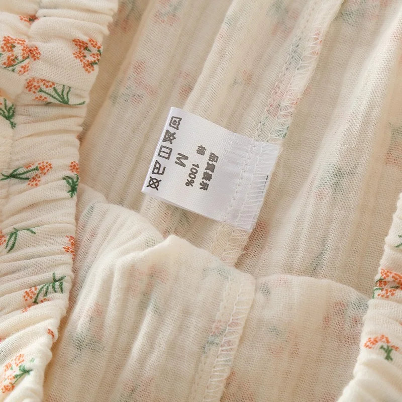 2023Women's Pajamas Pure Cotton Women's Long sleeved Pants Round Neck Loose Homewear Small Fower Print Baby Cotton Sleepwear Set
