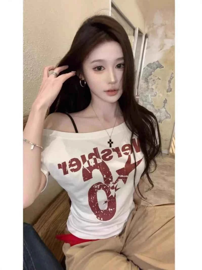 Y2k Sport Summer Off shoulder Top Women Sexy Vintage 2000s Short sleeve T shirt Lady Body Basic Crop Top Female Casual