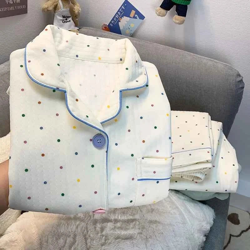 Korean Style Colourful Dot Women's Sleepwear Set 2025 Autumn Winter New Pajamas Set Cute Lapel Neck Casual Homewear 2PC Suit