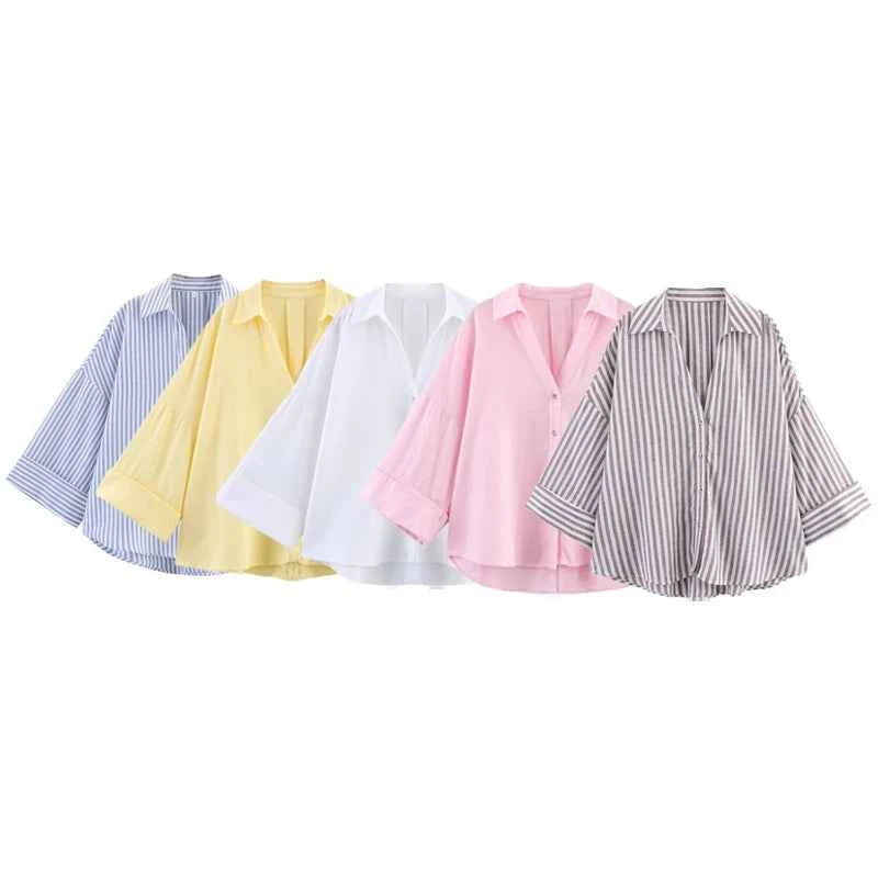 HXAO Women's Shirt Oversized Blouse Summer Shirt & Blouse Yellow Pink White Striped Shirt Elegant Large Size Long Sleeve Shirts
