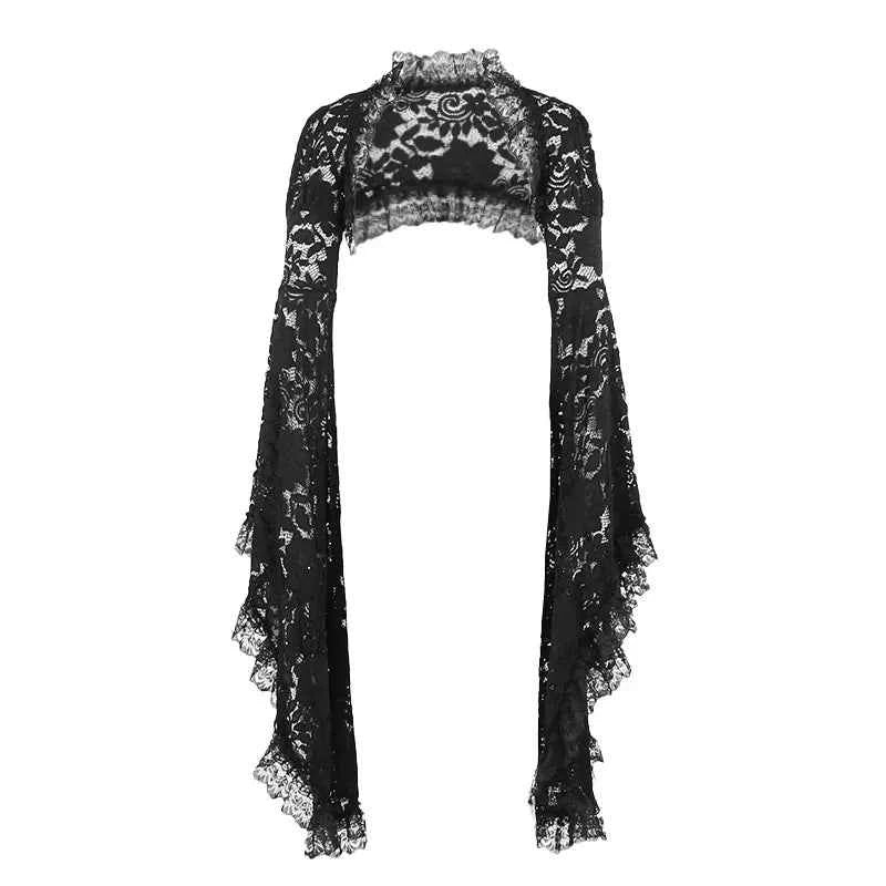Gothic Classic Lace Cover Ups Women Mesh Crop Top See Through Sexy Flare Sleeve Blouse Y2k Black Rave Outfit Festival