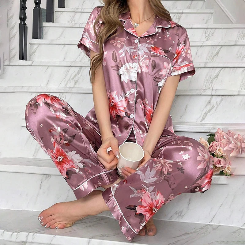 Women's Pajamas Sets Autumn Short Sleeve Buttons Top & Pants Sleepwear 2 Piece Button-Down Pj Set Homewear Satin Loungewear