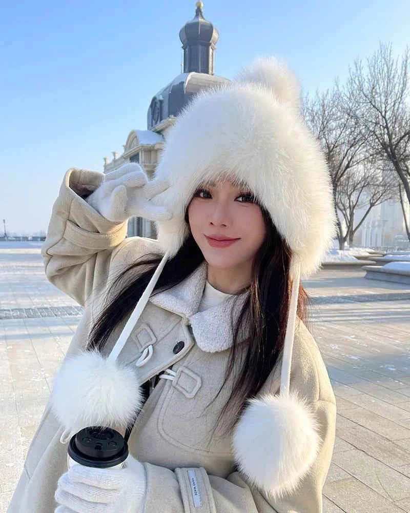 Winter Women Real Fox Fur Hat Fashion Casual Outdoor Warm Knitted Hats Girl Lovely 100% Natural Fox Fur Ear cap bomber caps