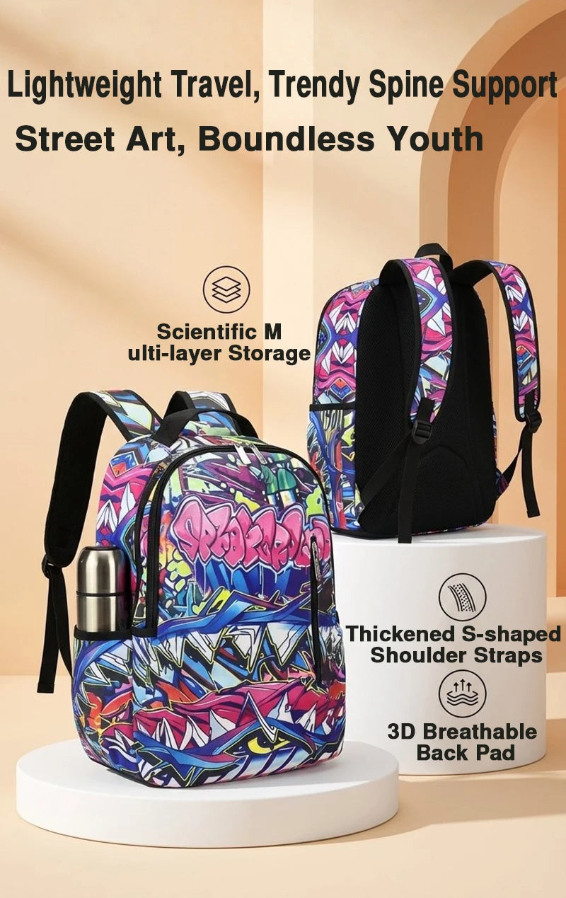A Hip-Hop Street-Style Backpack with Spray-Painted Ground Motifs for Men, a New Trendy Lightweight Printed Backpack with a Checkered Pattern, Also a Fashionable Outdoor Commuter Bag, Large-Capacity Travel Bag, Multifunctional