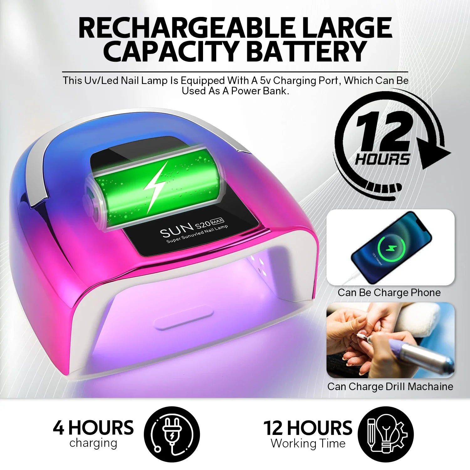 200W UV Nail Lamp 48 LEDs Nail Dryer Machine with LCD Screen Rechargeable Manicure Lamp for Curing All Nails Gel Nail Art Tools