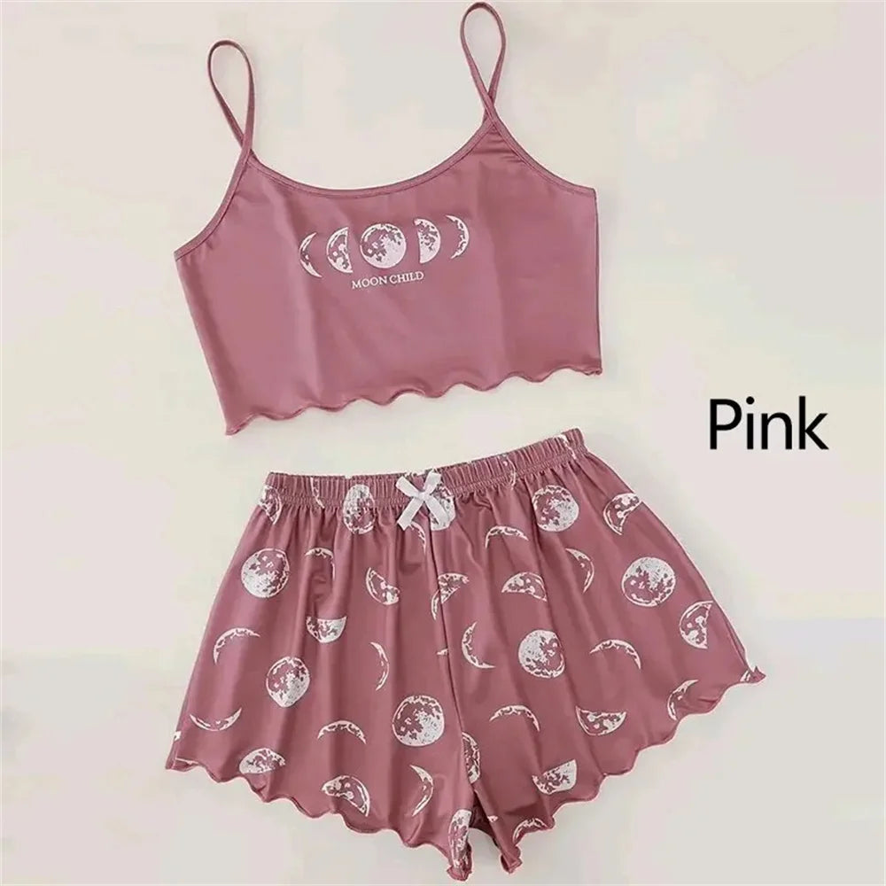 Women Pajamas Sleepwear Pajama Set Sports Camisole And Shorts Pink Moon And Planet Print Summer Soft Comfortabl Casual