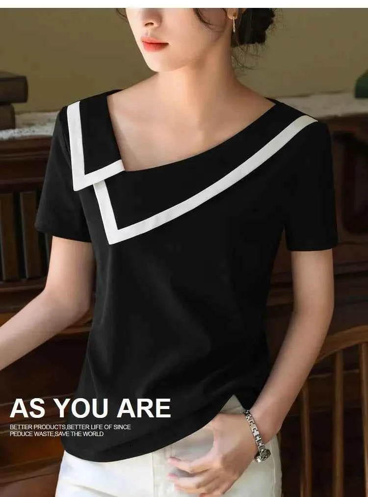 French Haute Couture Niche Design Black White Panelled Diagonal Neck Short Sleeved T-shirt Women's Patchwork Fashion Slim Top