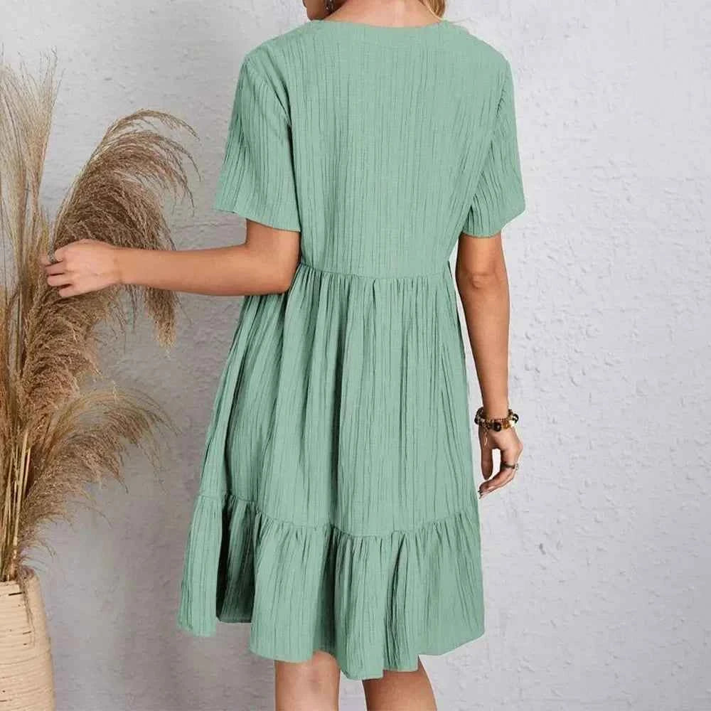 Women Summer Peplum Dresses Spring V-Neck Short Sleeve Loose Waist Ruffle Fit Flare Vocation Dresses