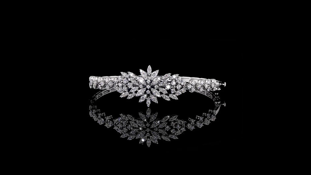 White 18K Gold Floral Bracelet with Brilliant Cut Lab Grown Diamonds Rhodium Plated Luxury Design Trendy Elegant Flower Style