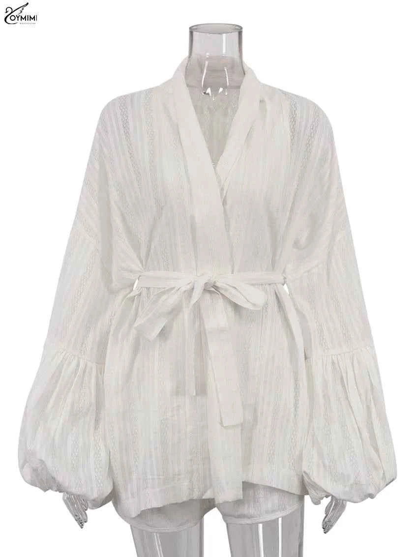 Oymimi Fashion White Cotton Women's Two Pieces Set Elegant Puff Sleeve Loose Lace-Up Shirts And High Waisted Shorts Female Sets