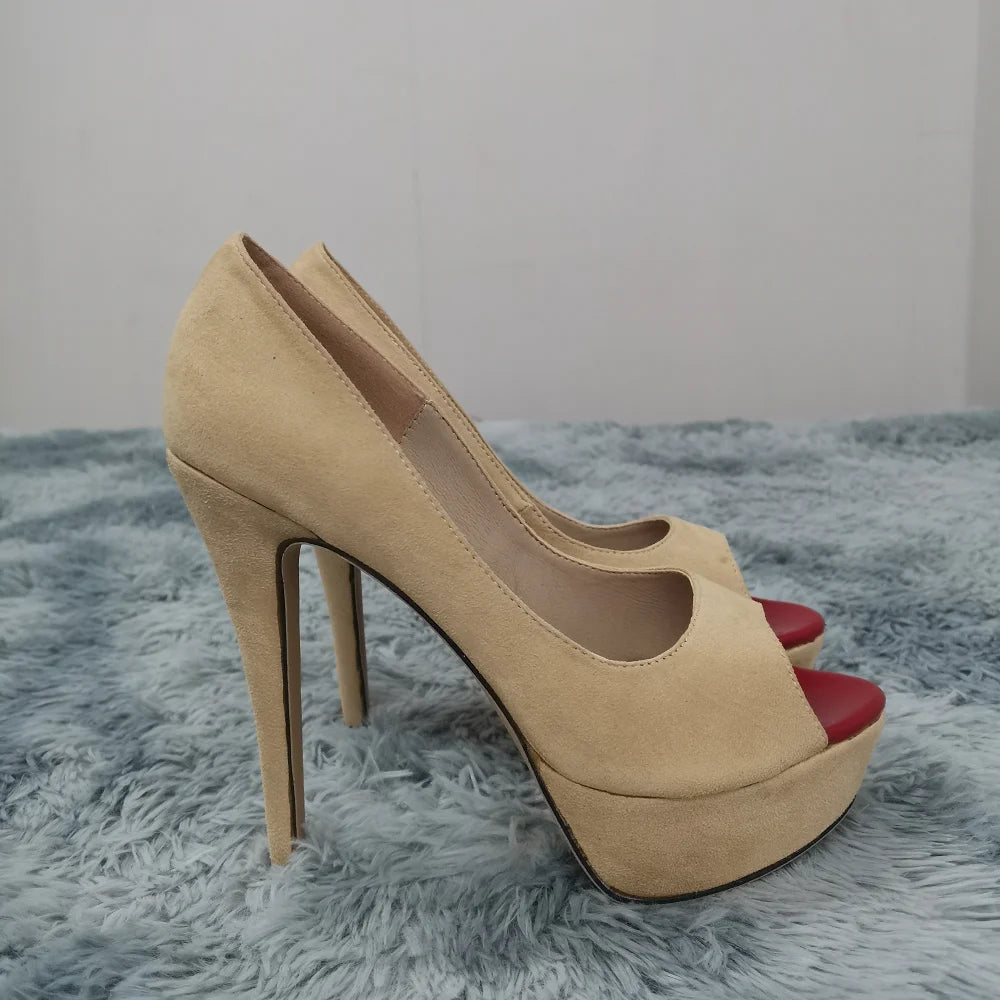 Women Stilettos Sexy High Heels Shoes Peep Toe Velvet Pumps Platform Lady Evening Party Red Wedding Black Office Shoes 817-16VE