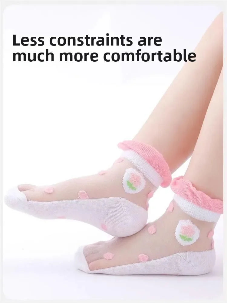 5 Pairs/Baby Girl Summer Socks Thin Ice Silk Mesh Crystal Breathable Cotton Short Mid Calf Boat Socks for Kids