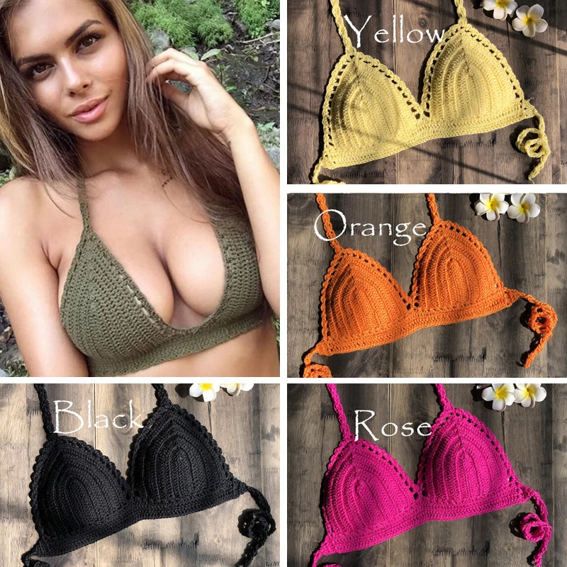 CROCHET BIKINI 2023 Sexy Top Handmade Knit Crochet Crop Top Women Summer Swimwear Camisoles Push Up Beach Tanks Halter Yoga Bras