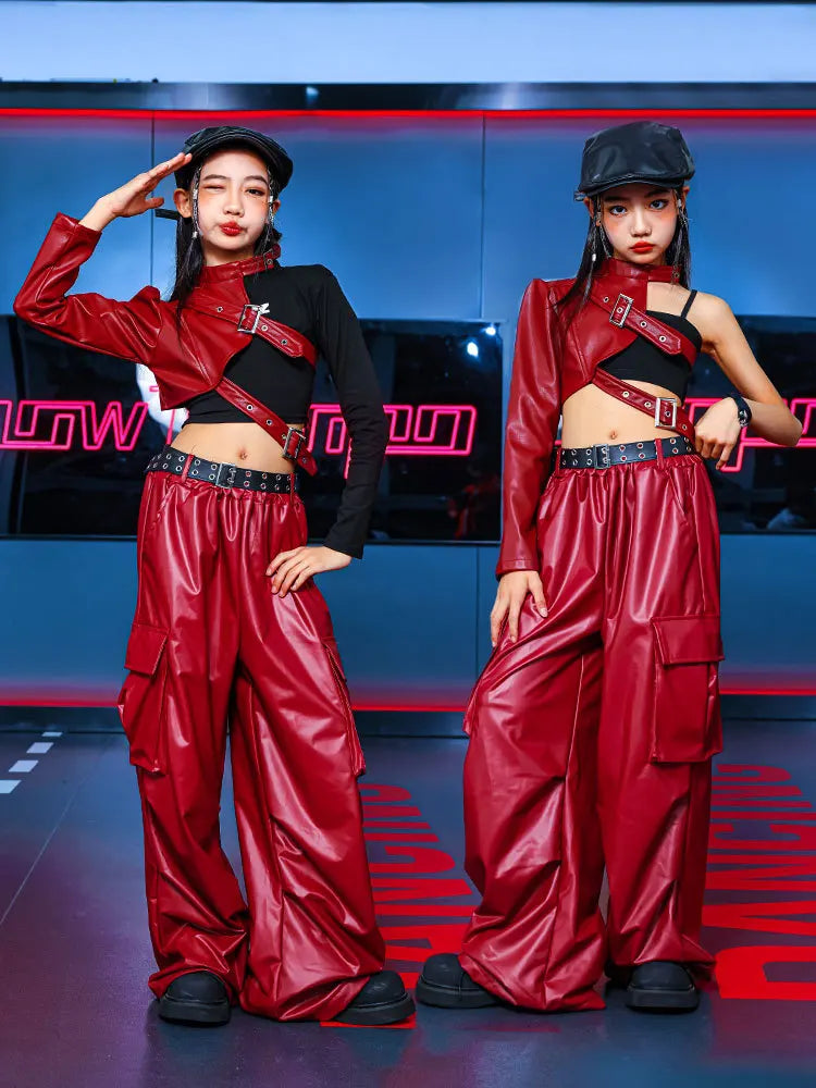 Kid Hip Hop Clothing T Shirt Crop Top Wine Red Arm Sleeve Faux Leather Casual Cargo Pants for Girl Jazz Dance Costumes Clothes