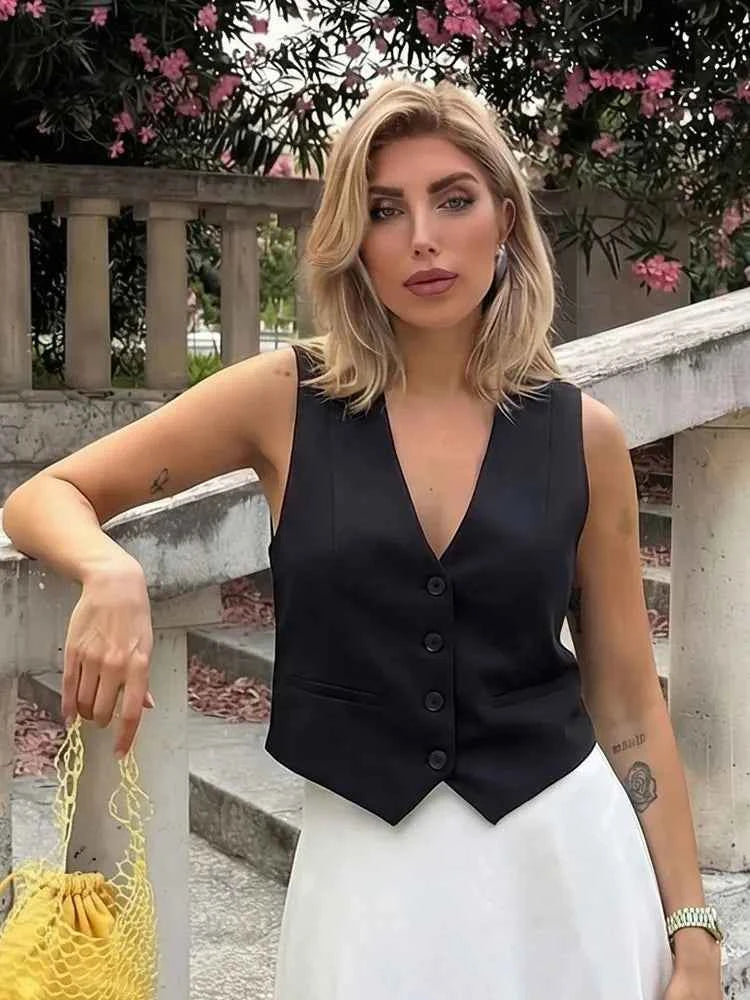 HH Women Fashion Solid Suit Vest Sleeveless Cropped Waistcoat Tops Vests Spring Summer Casual Office Lady Chic Tops