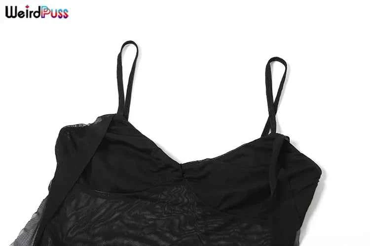 Weird Puss See Through Dress Woman Summer Sexy Spaghetti Straps Patchwork Irregular Tassel Splits Swimsuit Beach Skinny Vestidos
