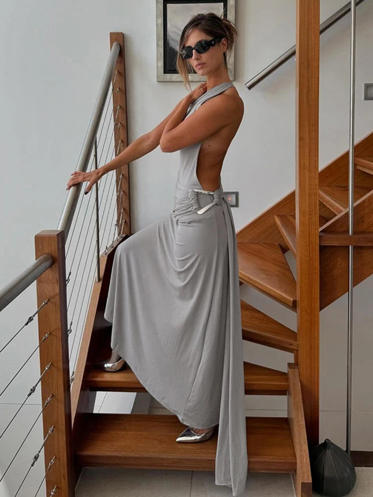 Kliou High Street Women Dresses Concise Incline Shoulder Ribbons Backless Sheath Maxi Vestidos Female Elegant Holiday Trend Robe
