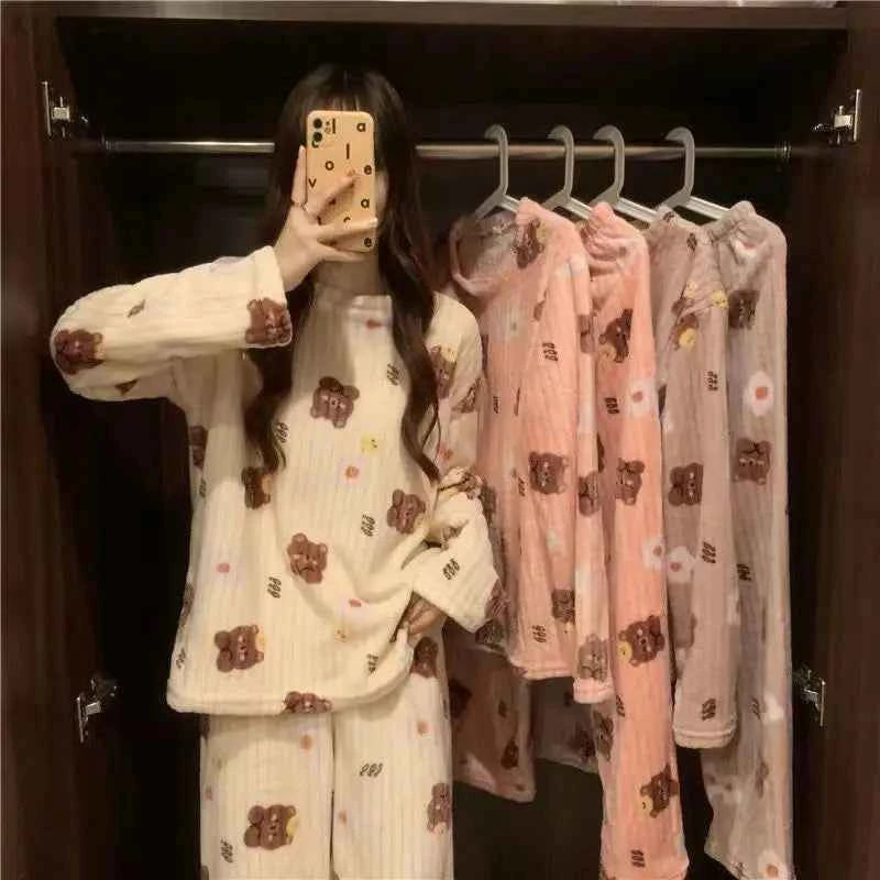 Autumn Winter Warm Flannel Fleecing Women's Pajamas Sets Coral Velvet Long Sleeve Cartoon Sleepwear Pants Sets Flannel Homewear