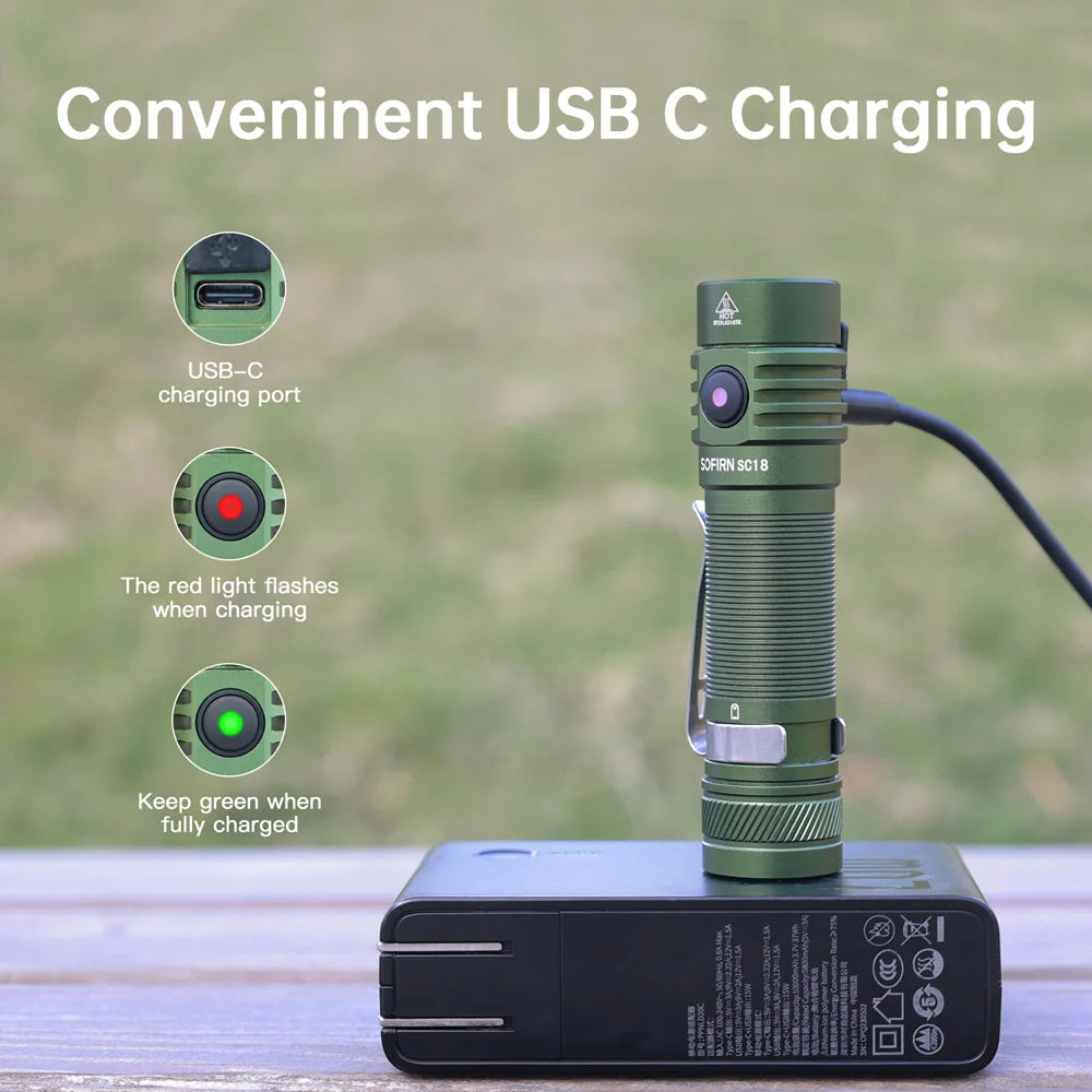 Sofirn SC18 1800lm EDC Flashlight USB C Rechargeable SST40 LED 18650 Torch TIR Optics Lens Lantern with Power Indicator