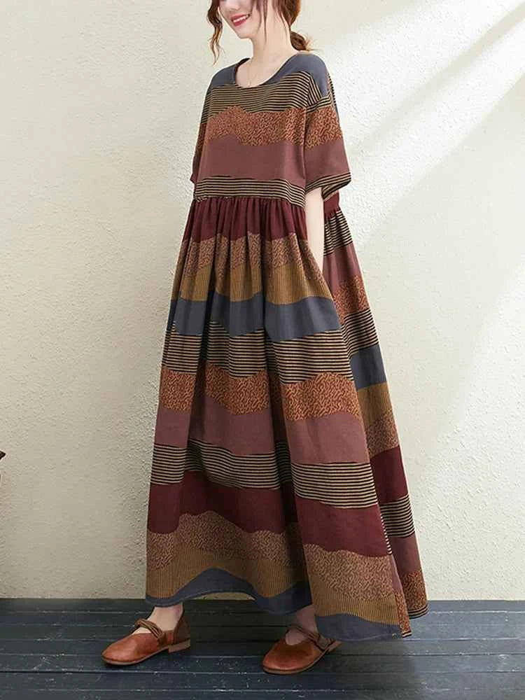 2026 New Summer Cotton Linen Short Sleeve Vintage Striped Print Dresses For Women Long Fashion Dress Elegant Vestidos Robe Femme