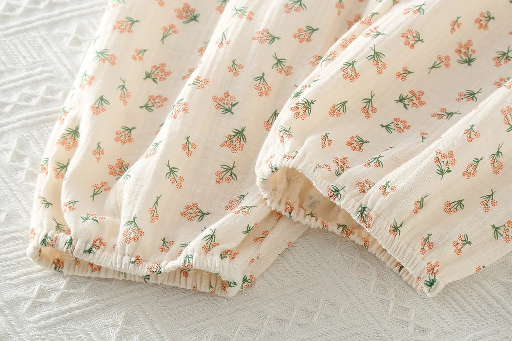 2023Women's Pajamas Pure Cotton Women's Long sleeved Pants Round Neck Loose Homewear Small Fower Print Baby Cotton Sleepwear Set