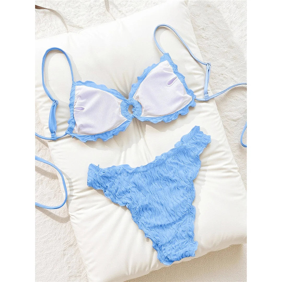 Wrinkled Crinkled Frilled Bikini Female Swimsuit Women Swimwear Two-Pieces Bikini Set Brazilian Bather Bathing Suit Swim V8053