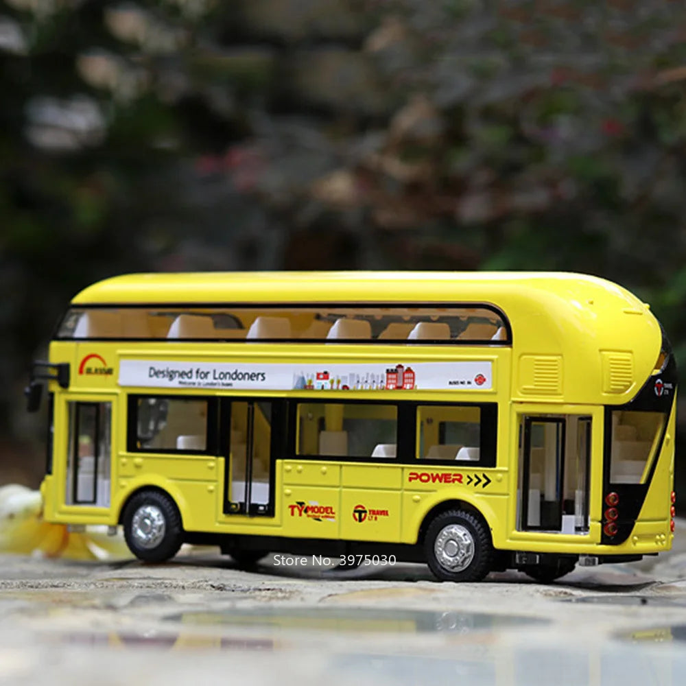 1/36 Scale Double Decker Bus Toy Car Model Alloy Diecast Sound Light Pull Back Doors Opened Vehicles Collectibles Birthday Gift