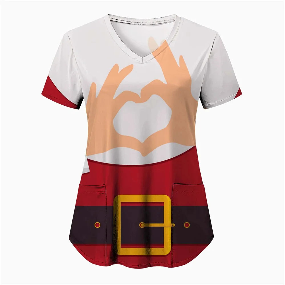Womens Christmas Nurse T Shirt Print Short Sleeve V Neck Workwear With Pocket Working Nurse Work Wear Overalls Medical Uniforms