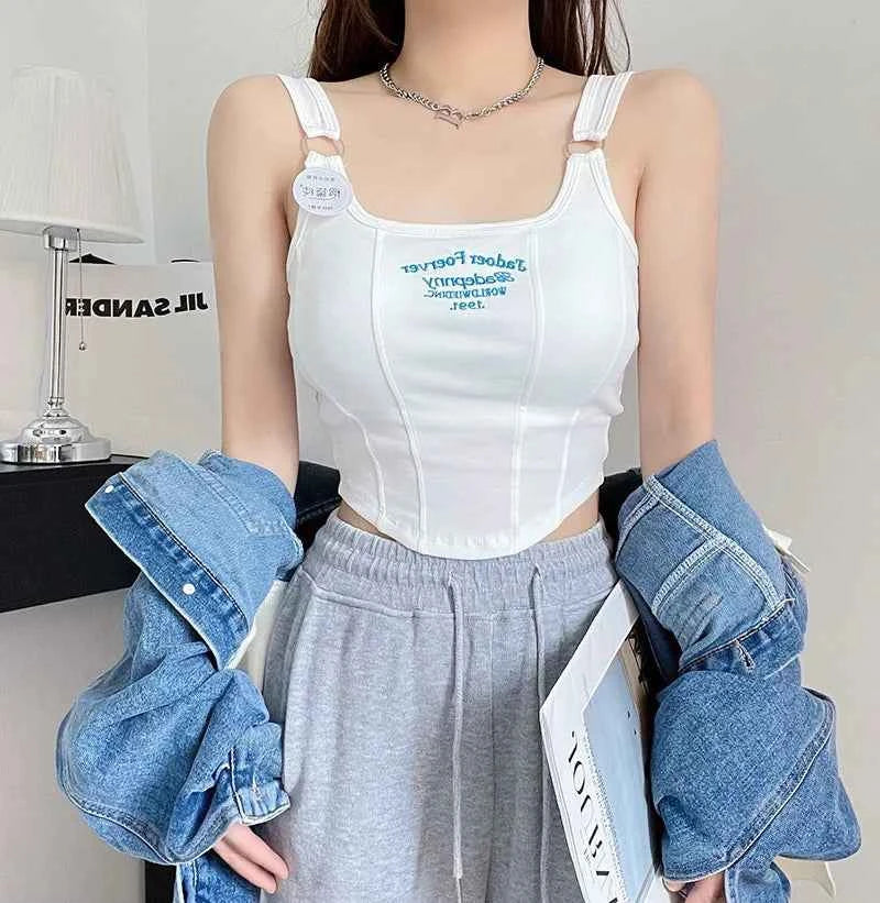 Women Crop Top Summer Y2K Lrregular Hem Slim Tank Tops Casual Sexy Female White Streetwear Letter Tank Tops With Pad Woman