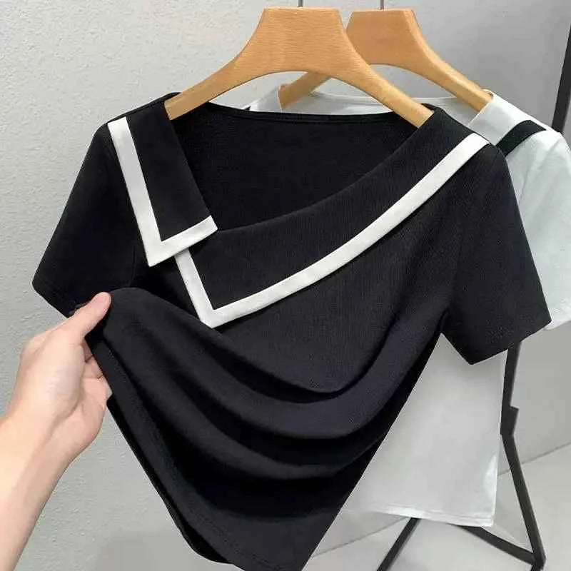 French Haute Couture Niche Design Black White Panelled Diagonal Neck Short Sleeved T-shirt Women's Patchwork Fashion Slim Top