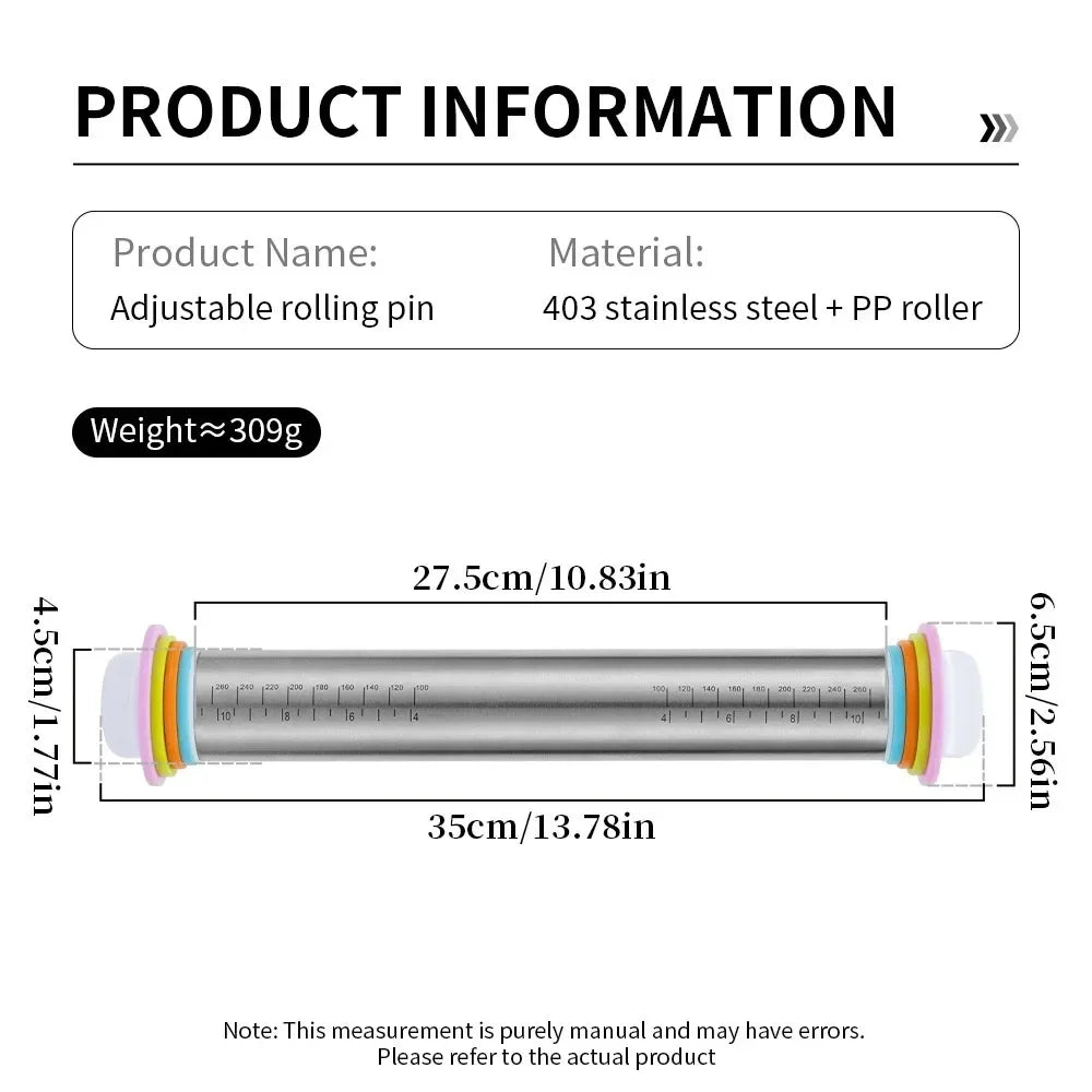 13.78 Inch Stainless Steel Adjustable Rolling Pin with 4 Thickness Removable Rings Dough Roller for Pizza Cookie Baking Tools.