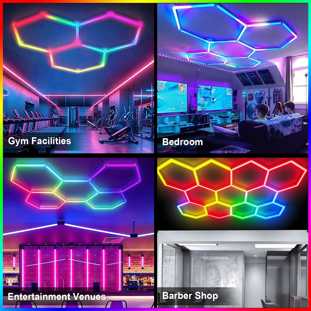 Smart hexagonal honeycomb RGB ambient tube light DIY modular splicing plug and play color lamp 85V-265V phone APP & remote control support timing shutdown music sync mode brightness and color adjustable, ideal for gaming room