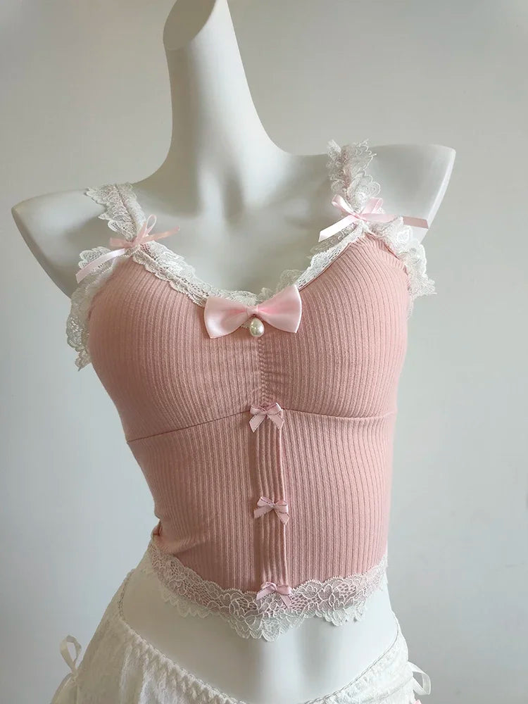 Sweet Crop Top Women Lace Trim Cotton Cropped Bows Bead Decoration Pink White Cute Camis Sweet Girls Lolita Style Kawaii Clothes