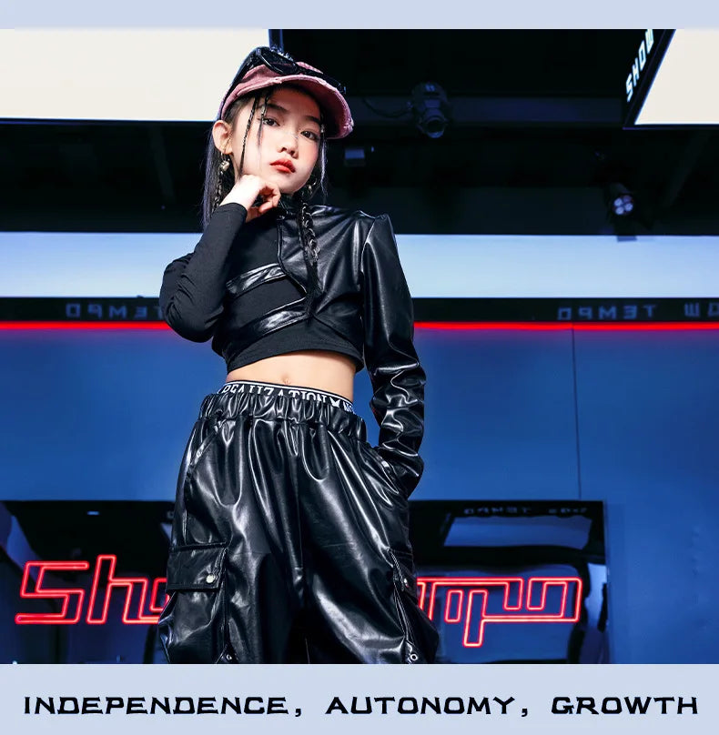 Kid Hip Hop Clothing T Shirt Crop Top Wine Red Arm Sleeve Faux Leather Casual Cargo Pants for Girl Jazz Dance Costumes Clothes