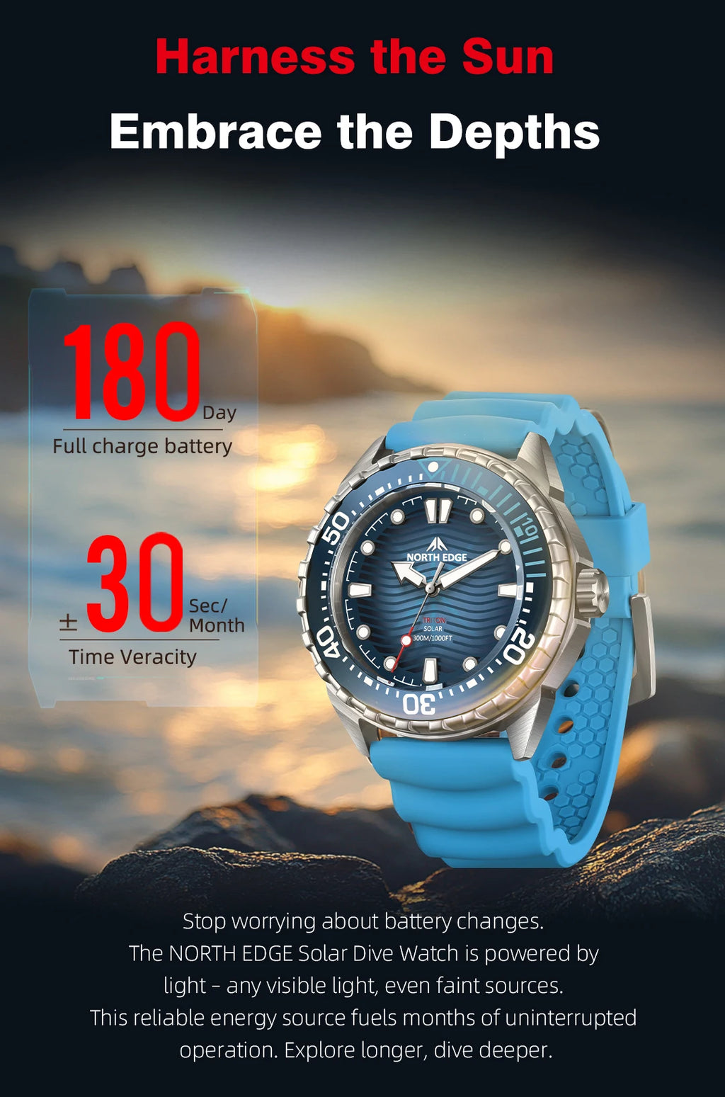 2025 New  NORTH EDGE TRITON Solar Powered Dive Watch Men Luxury Quartz Watches For Men 316L Stainless Steel Case Waterproof 300M