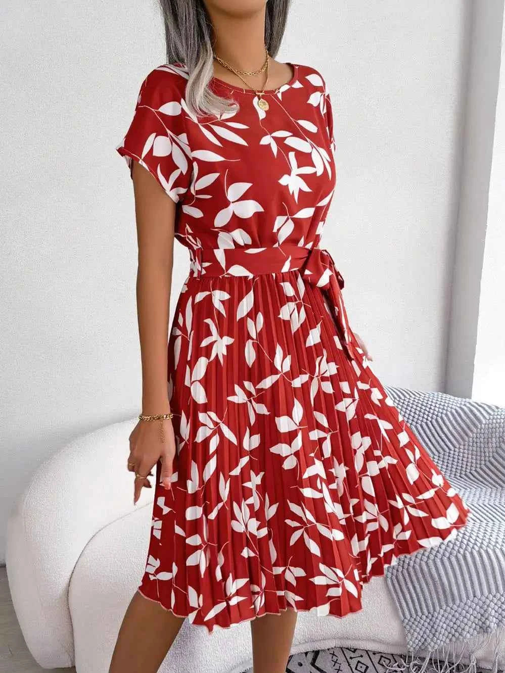Ficusrong Fashion Floral Pleated A Line Long Dress Women Spring Summer Short Sleeve High Waist Chic Dress