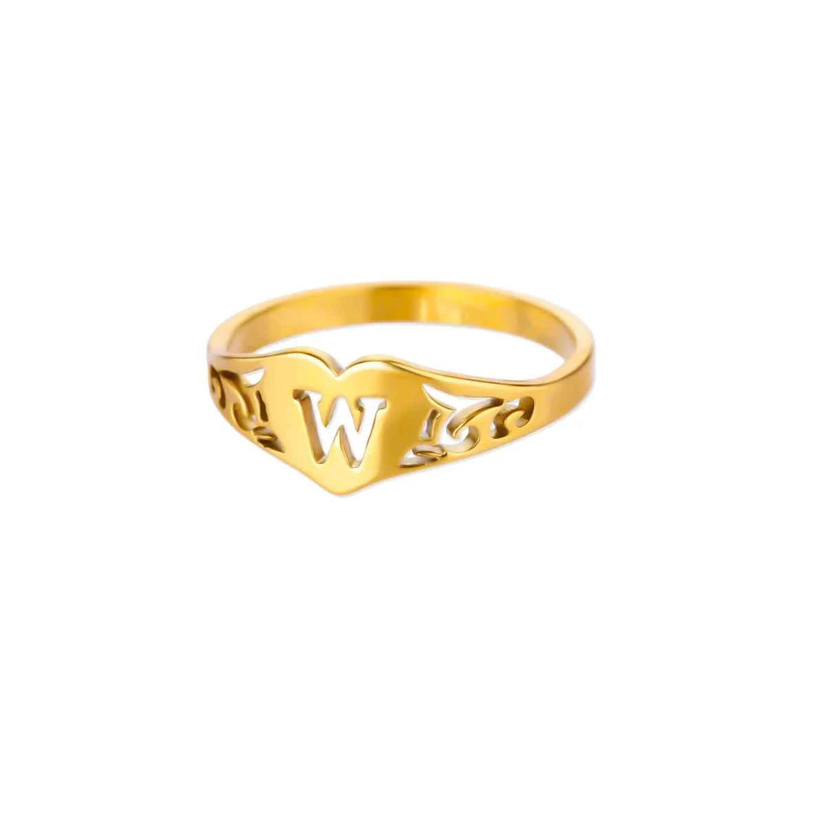 Fashion Hollow Initial Letter Heart Rings For Women Gold Color Stainless Steel A-Z Letter Ring Aesthetic Wedding Jewelry Gift