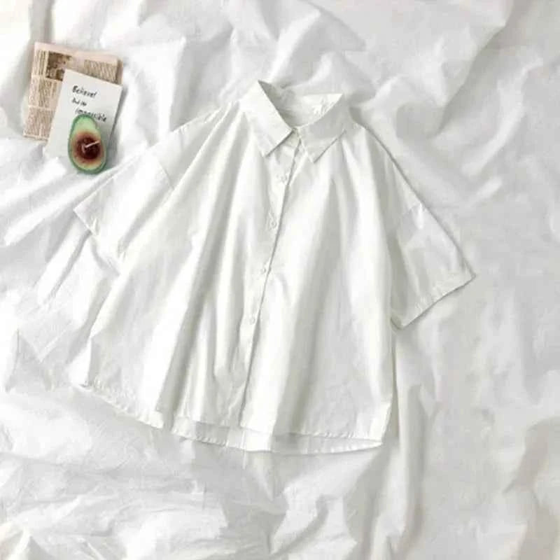E-BAIHU 2025 White Shirt Women Blusas Short Sleeve Lapel Blouse with Tie Japanese Fashion Student Summer Daily College Style Top