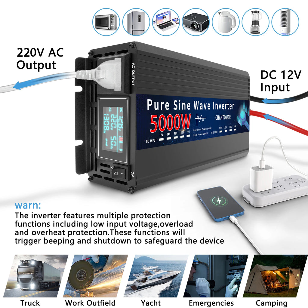 Pure Sine Wave Inverter 12V 220V 1000W-5000W DC 12v To AC 220v Power Supply Converter Car Solar Inverter
