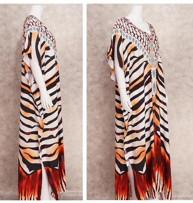 EDOLYNSA 2023 Bohemian Printed Loose Kaftan Casual Summer Vacation Maxi Dress Women Clothing Beach Wear Swim Suit Cover Up Q1469