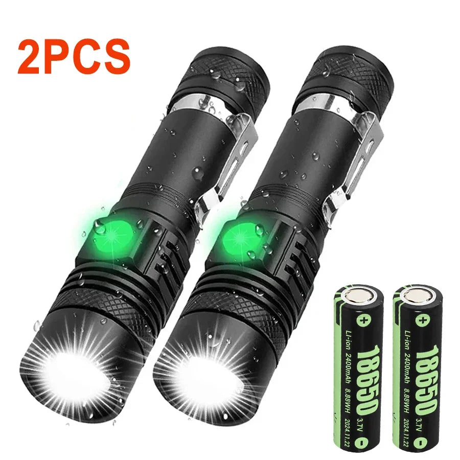 Powerful LED Flashlight with Clip Portable Telescopic Zoom Rechargeable Defense Flashligh For Outdoor Camping Hiking Cycling