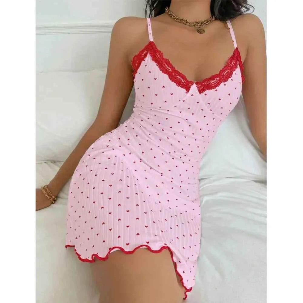 Women's Summer Sleepwear Heart Print Sling Dress Backless Casual Nightdress Short Skirt Soft Loungewear Homewear