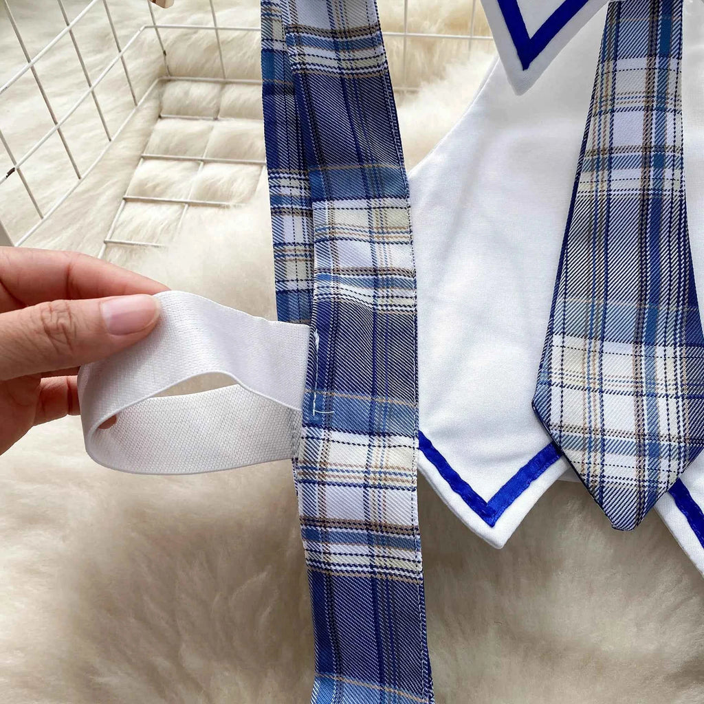 Girls Sexy Cute Japanese JK Uniform  Mini Checkered Strap Skirt Off Shoulder High Waist Elastic Cosplay Dress Hot Sweet Pajama
