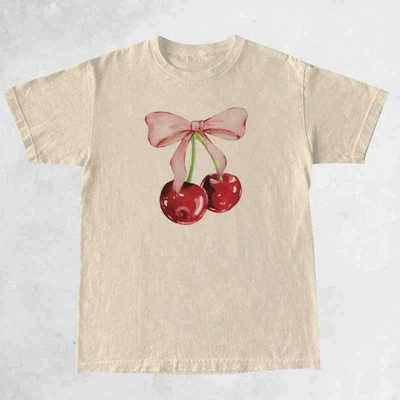 Cherry Bow Printed Women's Vintage T-Shirt Trendy Cute Coquette Tee Shirt Short Sleeve Cottagecore Aesthetic Tops Female Clothes